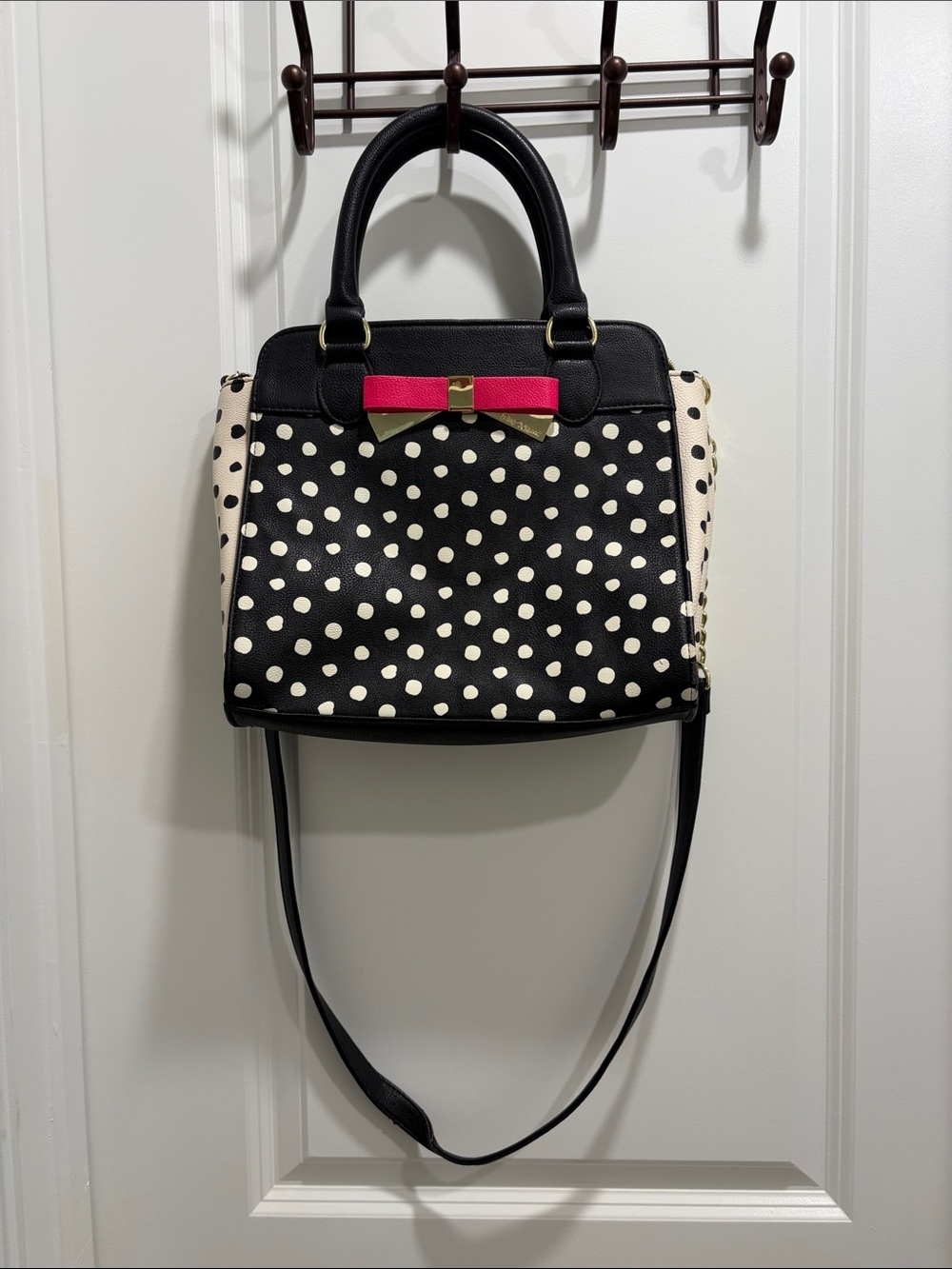 Betsey Johnson Black & White Polka Dot Satchel with Pink Bow Accent